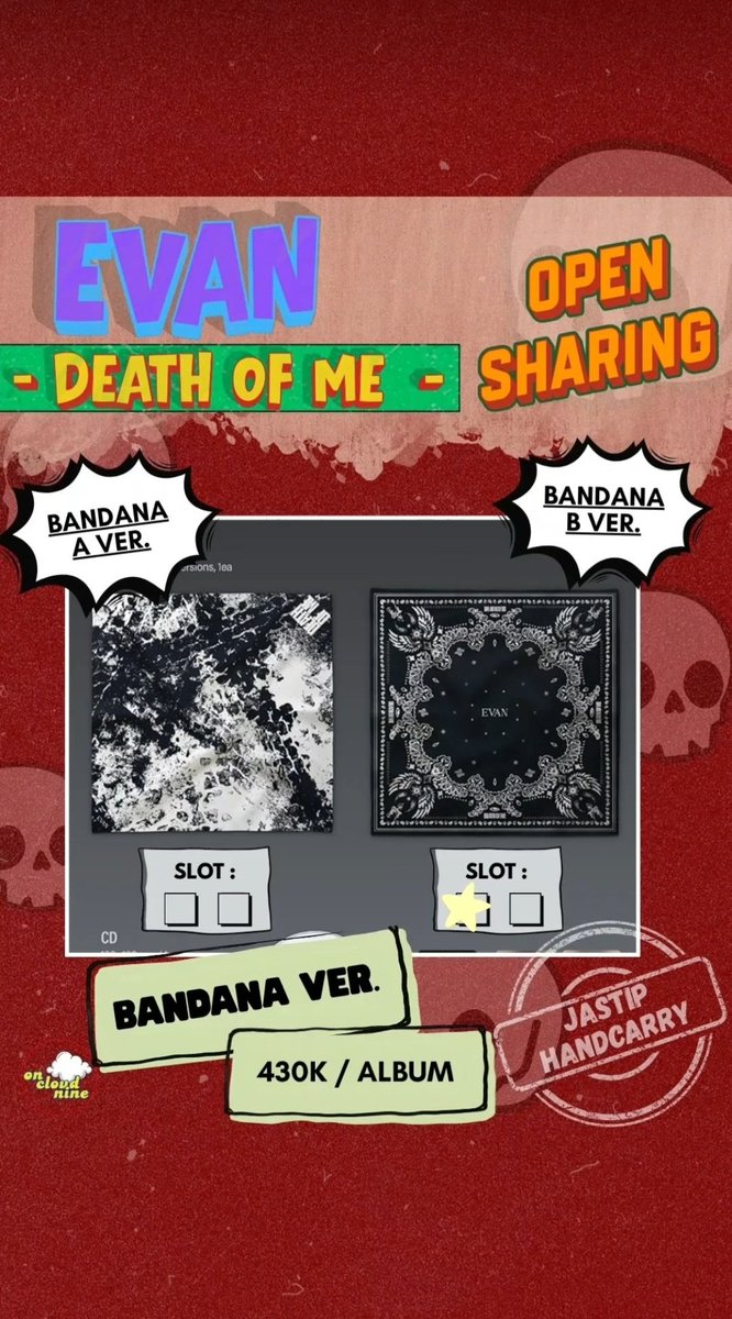 oncloudnine_ocn's tweet photo. Jastip Open Sharing EVAN DEATH OF ME BANDANA Ver.💛 

Bisa pilih versi BANDANA A &amp; BANDANA B
Slot 1: A ✅, B ❌
Slot 2: available 

Note:
Handcarry
DP 85%
Est harga bersih INA
Excl fee packing &amp; ongkir lokal 

#jastip #jastipkpop #EVAN #HEESEUNG #DEATH_OF_ME https://t.co/ahCpu0Qd2L