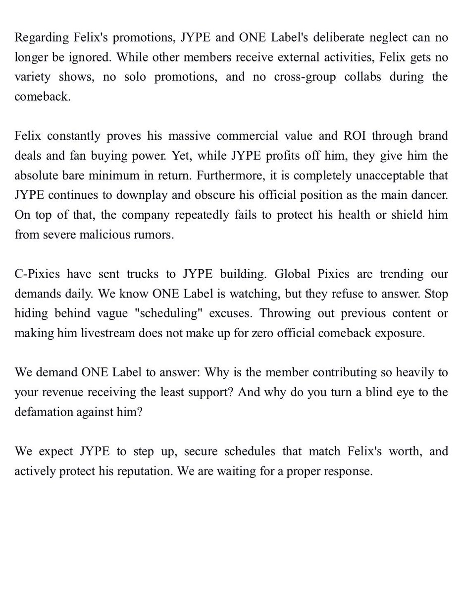Luca000012's tweet photo. We can’t stand JYPE ignoring his main‑dancer status, pushing him out of Danceracha. We can’t accept JYPE’s long‑term neglect of the rumors targeting him.

ONE LABEL PROTECT FELIX 
#ProtectFelix
@Stray_Kids @stay_support @jypnation https://t.co/HjIUcFkeHa