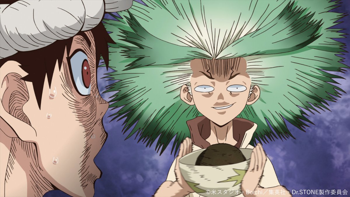 DrSTONE_exh's tweet photo. ━━━━━━━━━━━━━━━━ 🚀
   TVアニメ「Dr.STONE」展 開催記念
           ストーリーを振り返り!!
🧪━━━━━━━━━━━━━━━

🧪第１期7話 「200万年の在処」🧪
大樹たちと別れ、謎の少女・コハクと出会った千空は、コハクたちが暮らす村へと案内される。そこへ突如、門番の金狼・銀狼が立ちはだかる！司帝国を倒す為に大量のマンパワーが欲しい千空は、金狼ら村人たち全員を引き入れようと企むが、事態を嗅ぎつけた自称・天才妖術使いの男・クロムも登場し、科学vs妖術の対決が始まる！

「よぅ 俺はクロム ヤベーほど頭の切れる天才妖術使いだ…！！」

🗨️この話数で好きなシーンは？
コメントや引用リポストで教えてください🪨

TVアニメ「Dr.STONE」展は2026年12月より東京で開催予定✨

#DrSTONE