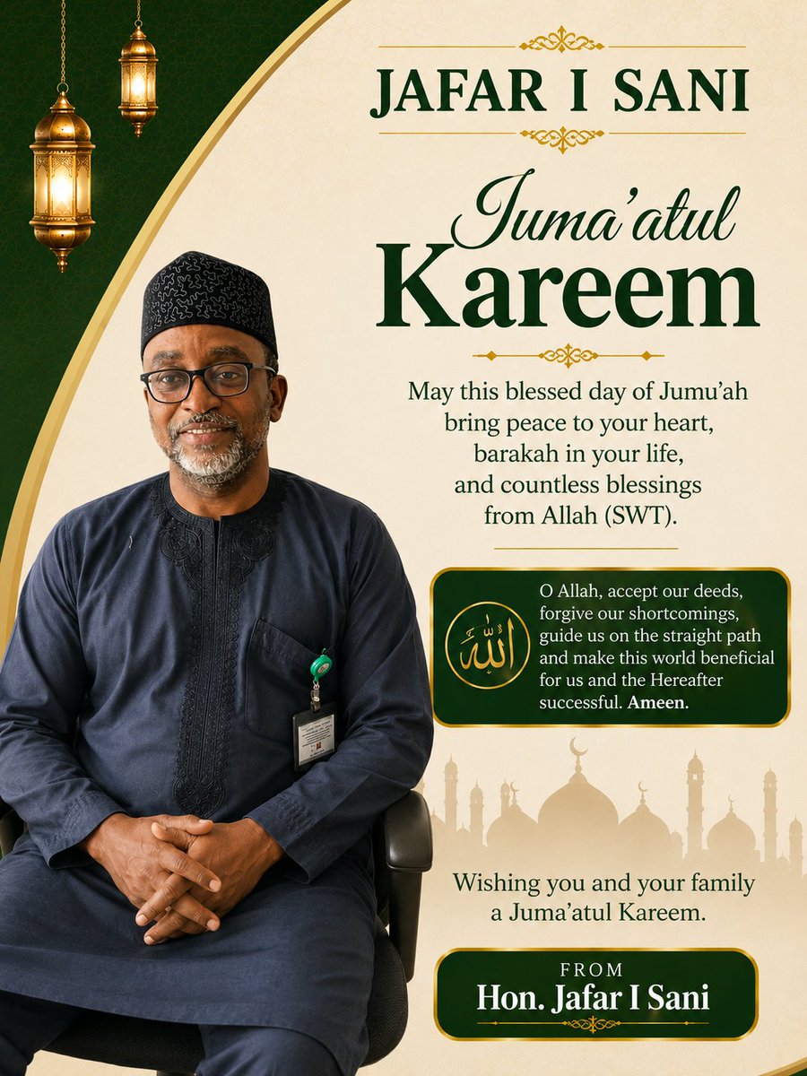 UMARDOGARA77359's tweet photo. Juma'atul Kareem My Mentor Baba @JafaruSani10  Dukkan Alkhairin Dake Tattare A Wannan Rana Allah Ubangiji Yasadaka Dasu Tareda Dukkan Muslmai Ameen. https://t.co/m0fm5d9xiS