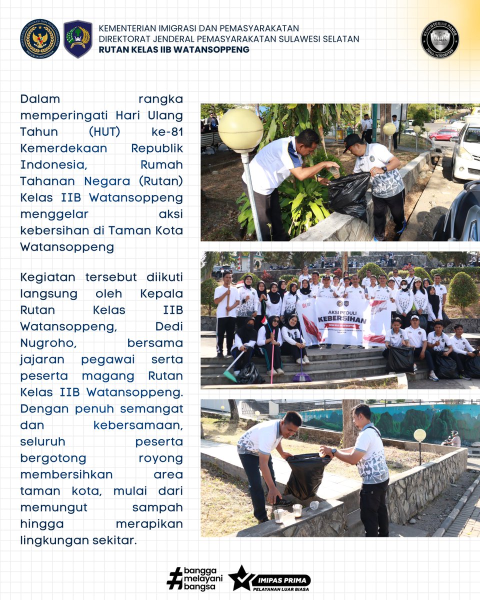 RutanWatansoppe's tweet photo. Rutan Kelas IIB Watansoppeng Gelar Aksi Kebersihan Sambut HUT ke-81 Kemerdekaan RI. Aksi kebersihan ini menjadi bentuk kepedulian Rutan Watansoppeng terhadap kebersihan lingkungan sekaligus sebagai wujud nyata semangat gotong royong dalam menyemarakkan momentum Kemerdekaan RI https://t.co/q4GAEpxh0A