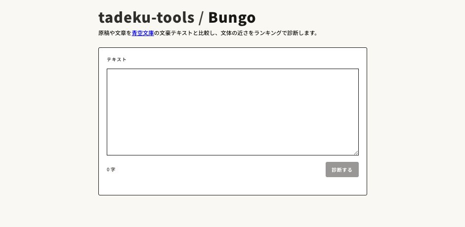 tadeku_net's tweet photo. 小説作品を入力すると、どの文豪に文体が近いかを診断してくれるツール「Bungo」を公開しました📝

https://t.co/RoBQQ7pweh https://t.co/YOHO2yqmxn
