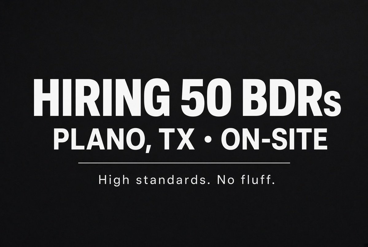 thecodycstevens's tweet photo. Hiring 50 BDRs in Plano, TX. On-site.

Turn-key systems. High standards.

If you’re competitive, disciplined, and actually want to work — hit me up. https://t.co/7HLCp3MMxx