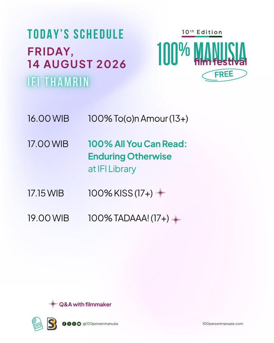 montasefilm's tweet photo. Today's Schedule at #100PMFF26 in Jakarta, Yogyakarta & Bali ❤️🎬
Join us for today's screenings in Jakarta at @ifi_indonesia & @taksu.bookcafe; Yogyakarta at @ifiyogyakarta and @balifilmschool & @masamasabali in Bali to celebrate #ADecadeofLoveLanguage @100prsenmanusia https://t.co/CmlwckV1Py