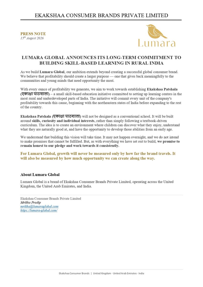 LumaraGlobal's tweet photo. Building a global brand with a purpose beyond business.

Introducing Ekakshaa Patshala — our long-term commitment to creating skill-based learning opportunities for children in rural India.

Growth that creates opportunity. https://t.co/RnE3jLCM8C