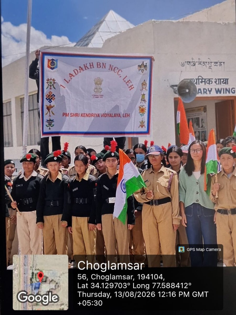 LehKv's tweet photo. The NCC Unit of PM SHRI KV Leh, under 1 Ladakh Battalion NCC, organised the Har Ghar Tiranga Programme on 13 August 2026. 130 NCC cadets, guided by ANO Lt. Stanzin Angmo, participated in flag hoisting &amp; a Tiranga Rally, spreading message of patriotism, unity and national pride. https://t.co/EcNbq1fGIm