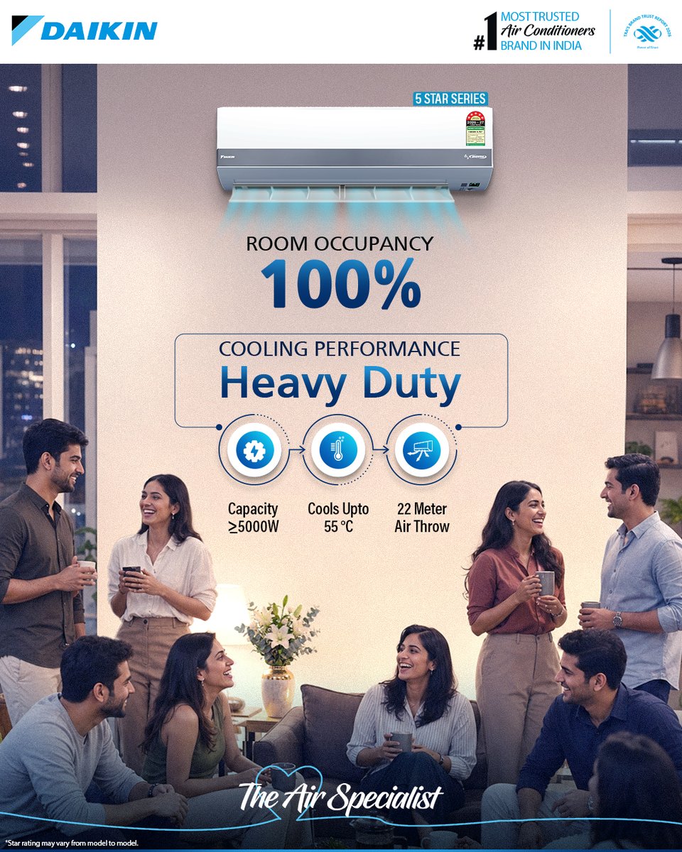 DaikinIndia's tweet photo. A full house calls for Heavy Duty cooling. Daikin's 5 Star ACs are built to provide reliable cooling, keeping every corner of your home comfortable.​

#DaikinIndia #HeavyDutyCooling https://t.co/Niv3ofB1Zf