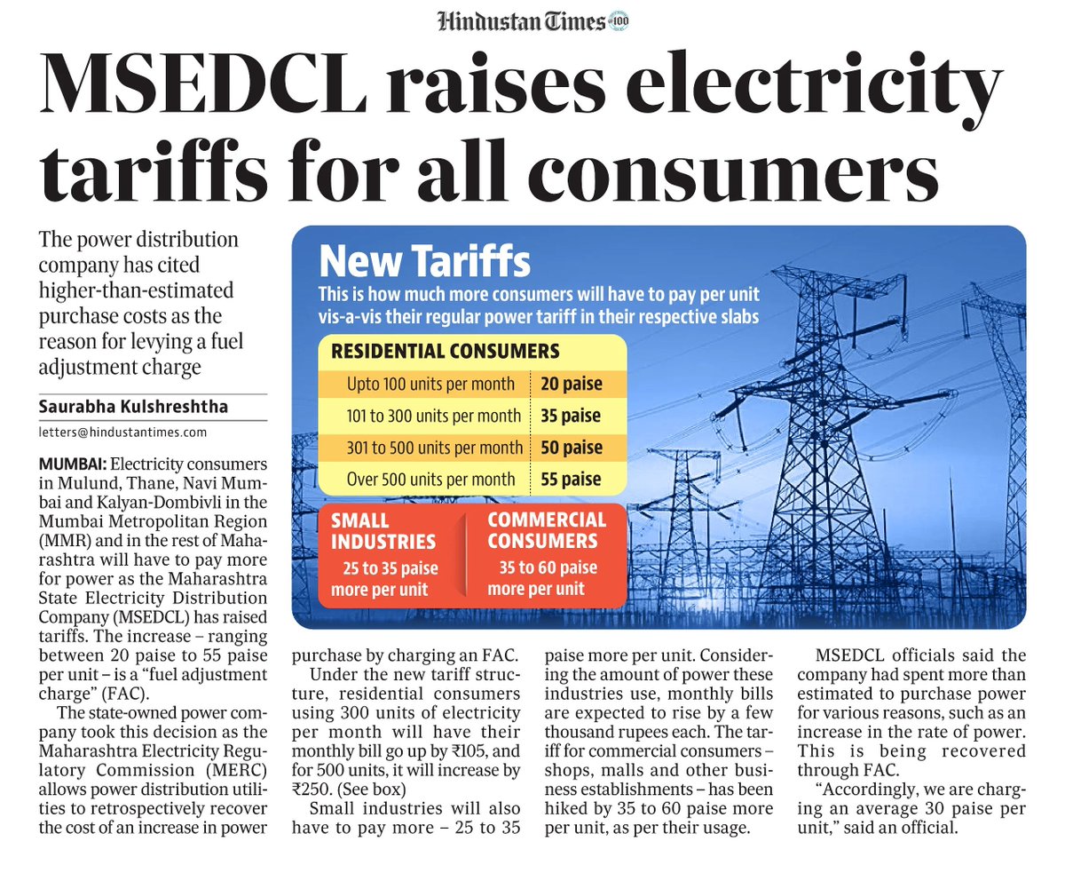 mumbaimatterz's tweet photo. Shocking News

MSEDCL raises power tariffs for 
all consumers.

Electricity consumers in Mulund, Thane, Navi Mumbai and Kalyan-Dombivli in the Mumbai Metropolitan Region (MMR) and in the rest of Maharashtra will have to pay more for power as the Maharashtra State Electricity Distribution Company (MSEDCL) has raised tariffs. The increase – ranging between 20 paise to 55 paise per unit – is a “fuel adjustment charge” (FAC).

@ht_mumbai

https://t.co/pkmUBYeBfz