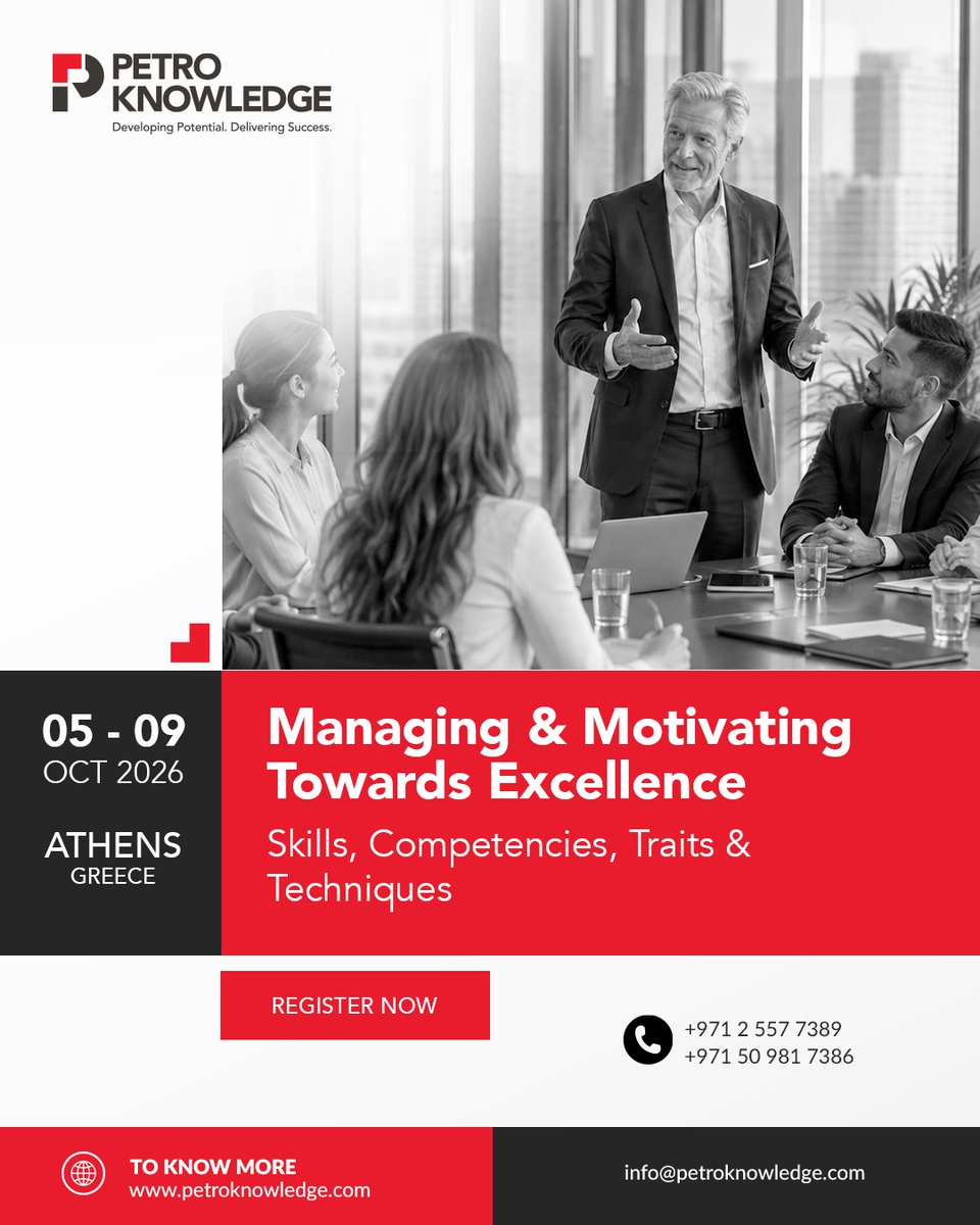 petro_knowledge's tweet photo. Lead. Motivate. Excel.

Join PetroKnowledge for Managing &amp; Motivating Towards Excellence in Athens, Greece, 5–9 October 2026.

Learn more: https://t.co/BT5iavExHT

#leadership #management #motivation https://t.co/yTrRxYcbOw