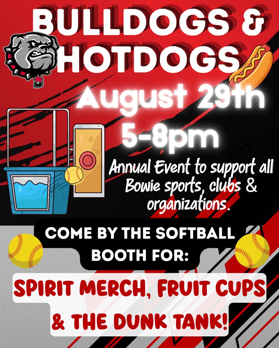BowieGirlsSoftb's tweet photo. BULLDOGS &amp; HOTDOGS IS BACK! 🐶🌭
​Kick off the school year with us on Saturday, Aug 29, 5–8 PM! Come out and show support for ALL Bowie clubs, sports, and orgs! Come by the Softball Booth at the front of the school! https://t.co/4JGpAFtQpv