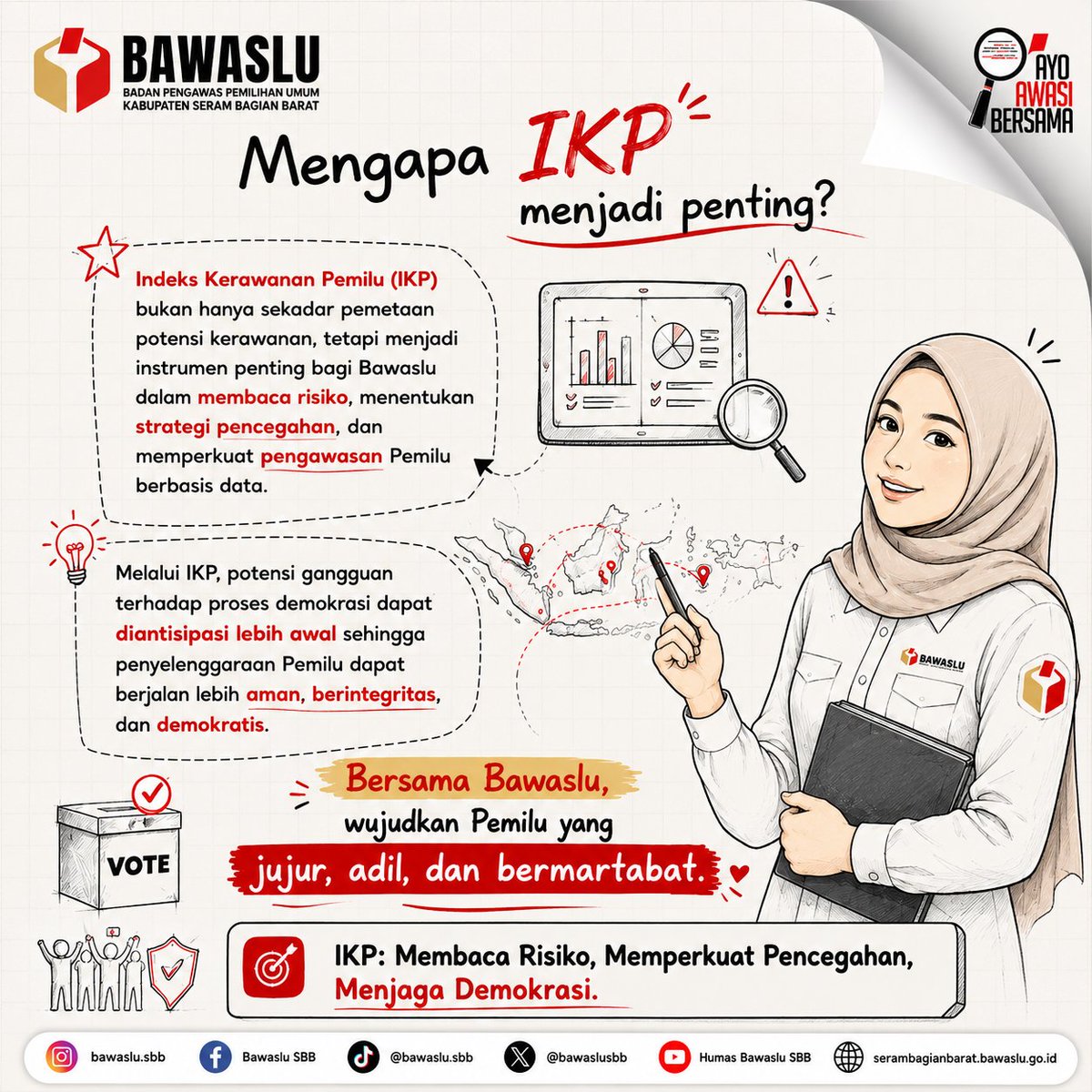 BawasluSbb's tweet photo. #SahabatBawaslu, pernah dengar istilah Indeks Kerawanan Pemilu (IKP)? 👀
Sebenarnya, apa itu IKP dan mengapa penting dalam pengawasan Pemilu?
Geser dan simak edukasinya sampai selesai! ✨
#Bawaslu #BawasluSBB #IKP #PengawasanPemilu
https://t.co/0G7fMw9nDK https://t.co/bqupNoHsiw