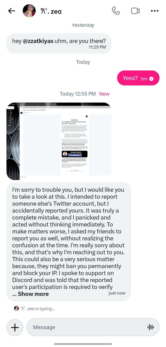 zzatkiyas's tweet photo. 🚨 guys please be careful 🚨

[Please help Like RT]

Buat mutualku yang mutualan/temenan sama @avocwaado hati-hati yaa. Barusan aku dapat DM dari akun ini dan isinya bilang kalau dia nggak sengaja report akun aku, terus aku disuruh contact “X live support” lewat Discord 😭

Ini kemungkinan besar phishing/scam, Aku juga nggak tahu akun ini memang kena hack atau nggak, jadi better aku kasih warning dulu ke kalian.

Jangan klik link apa pun, jangan contact “support” yang mereka kasih, dan jangan kasih password/OTP atau info akun kalian.

Please stay safe semuanya 🙏🏻 Kalau ada yang mutual sama dia, spread the word yaa. Karna banyak bgt hampir 323 mutualku mutualan sama dia. Report & block aja guys thank u!