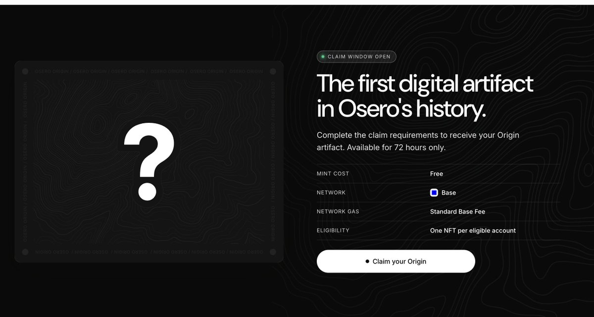 asedd72's tweet photo. BASE - MINT NFT (LIMITED) 🪂

There is a new (free) NFT to claim on Base. Only 72h to claim your Origin Artifact

   > go to: https://t.co/25JU6r8dOV
   > claim your Origin

Built by @OseroHQ, previsouly raised $13M and dont have any tokens.

📣 Airdrop Channel: https://t.co/PEjcsthqZe
📍All airdrops guides: https://t.co/Xw6DFrplJo