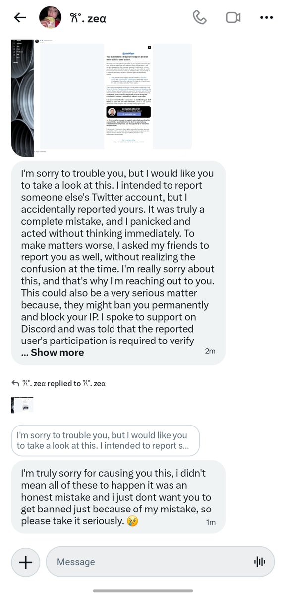 zzatkiyas's tweet photo. 🚨 guys please be careful 🚨

[Please help Like RT]

Buat mutualku yang mutualan/temenan sama @avocwaado hati-hati yaa. Barusan aku dapat DM dari akun ini dan isinya bilang kalau dia nggak sengaja report akun aku, terus aku disuruh contact “X live support” lewat Discord 😭

Ini kemungkinan besar phishing/scam, Aku juga nggak tahu akun ini memang kena hack atau nggak, jadi better aku kasih warning dulu ke kalian.

Jangan klik link apa pun, jangan contact “support” yang mereka kasih, dan jangan kasih password/OTP atau info akun kalian.

Please stay safe semuanya 🙏🏻 Kalau ada yang mutual sama dia, spread the word yaa. Karna banyak bgt hampir 323 mutualku mutualan sama dia. Report & block aja guys thank u!