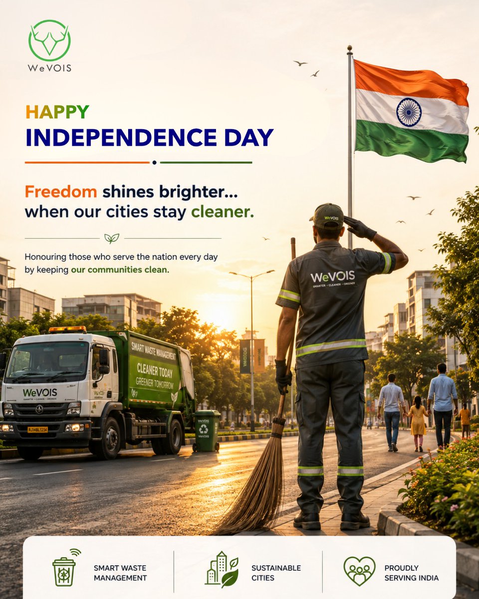 WeVOISLabs's tweet photo. Freedom shines brighter when our cities stay cleaner. 🇮🇳
This Independence Day, let’s make responsible choices for a cleaner, stronger India. 🌱
At WeVOIS, we’re building cleaner cities through smart waste management and sustainable practices.
#IndependenceDay #WeVOIS https://t.co/IWPkhua9h6