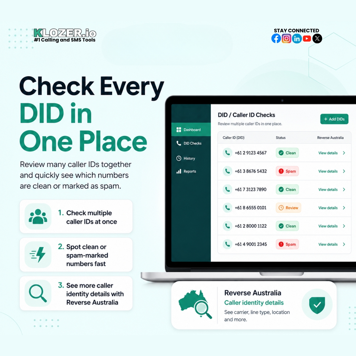 Klozer_io's tweet photo. 𝐂𝐡𝐞𝐜𝐤 𝐄𝐯𝐞𝐫𝐲 𝐃𝐈𝐃 𝐢𝐧 𝐎𝐧𝐞 𝐏𝐥𝐚𝐜𝐞

𝐊𝐥𝐨𝐳𝐞𝐫 helps you check multiple caller IDs, spot clean or spam-marked numbers, and view more caller details with Reverse Australia.

Check faster. Dial smarter. Visit us: https://t.co/WFfxqOsBw7

#Klozer #CallerID #BPO https://t.co/EIzCB8pDRZ
