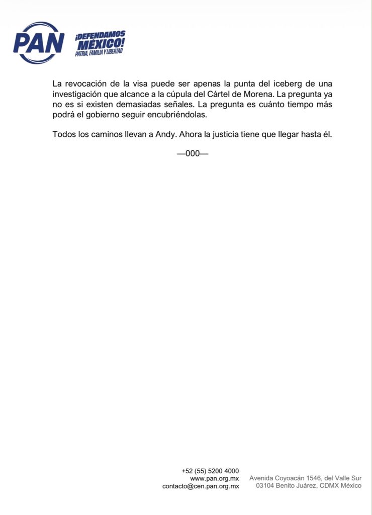 AccionNacional's tweet photo. Posición sobre el retiro de visa de Andy López Beltrán https://t.co/S6v8hmJQbb