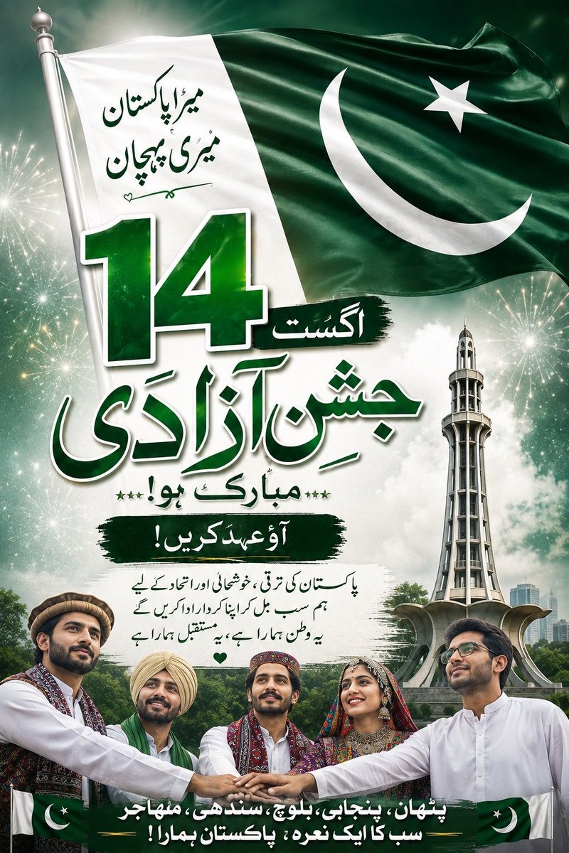 MJawaidM1's tweet photo. 🇵🇰 جشنِ آزادی مبارک! 🇵🇰

14 اگست ہمیں اُن قربانیوں کی یاد دلاتا ہے جن کے نتیجے میں ہمیں ایک آزاد وطن، پاکستان، نصیب ہوا۔
آئیے آج کے دن عہد کریں کہ اپنے وطن کی ترقی، خوشحالی، امن اور استحکام کے لیے اپنا کردار ادا کریں گے۔

پاکستان زندہ باد! 🇵🇰

#جشن_آزادی #14اگست #پاکستان_زندہ_باد https://t.co/j4Q2Bt7raB