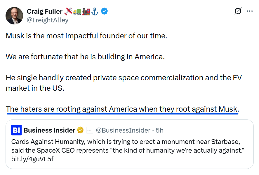 BradMunchen's tweet photo. He called a man who saved 12 boys' lives a pedo
He abandoned his daughter out of transphobia 
He helped Putin in Ukraine
He meddled in swing states' elections in 2024 
He stole Americans' Social Security data

Musk fans don't realize he's accelerating America's demise.

$TSLA https://t.co/ufNajtE78X