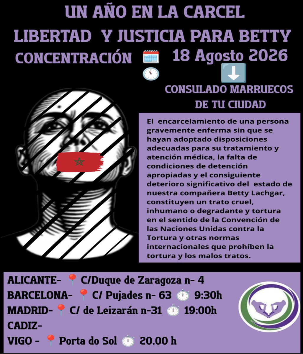UGTMadrid's tweet photo. ✊ Libertad para Betty Lachgar.

La activista #feminista marroquí lleva un año encarcelada.

📅 Martes, 18 de agosto
🕖 19:00 H
📍 C/ Leizarán, 31 — Consulado de Marruecos Madrid.

Desde #UGTMadrid apoyamos la concentración convocada por @futurodetodas para exigir su libertad ✊🏻. https://t.co/SHUTKhiQUy