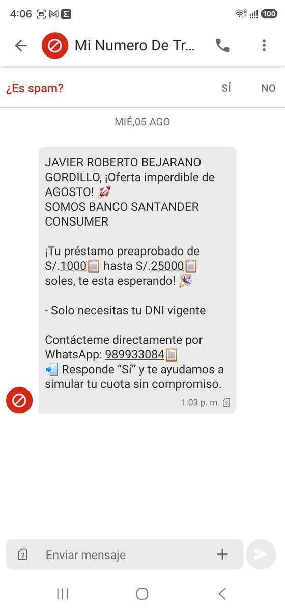 JaRoBeGo73's tweet photo. @IndecopiOficial @asbancperu Y tengo muchos otros también en SMS y llamadas a diario, se puede hacer algo contra Santander Consumer por este abuso contra mi persona? https://t.co/RlSlJHP74j