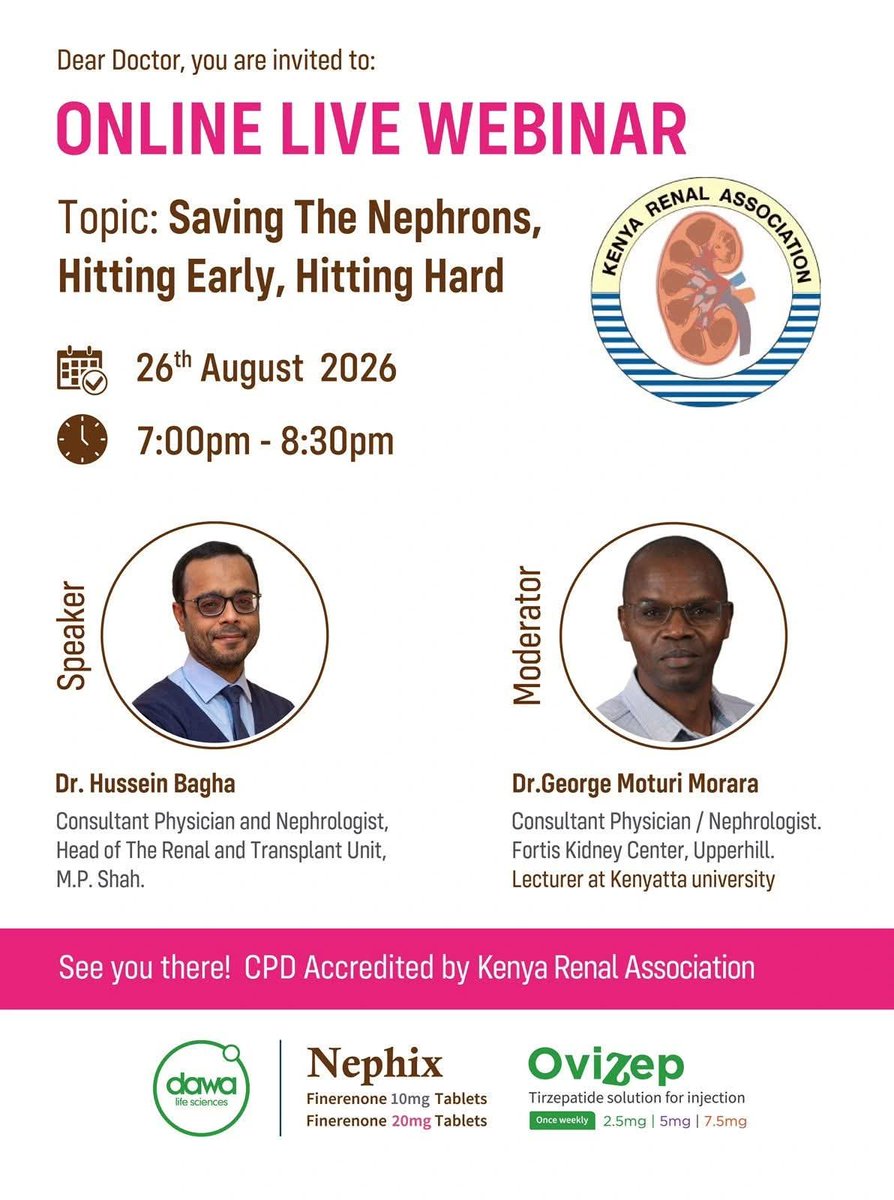 Kenya_Renal's tweet photo. As kidney disease continues to challenge healthcare systems, early recognition and timely intervention can make a crucial difference.
Join us on 26th August as we explore ๐ฉบ Hitting Early. Hitting Hard. Saving Nephrons
๐ Register NOW https://t.co/rlsrvwRujZ
#Renoprotection https://t.co/tkUvHXUjDz