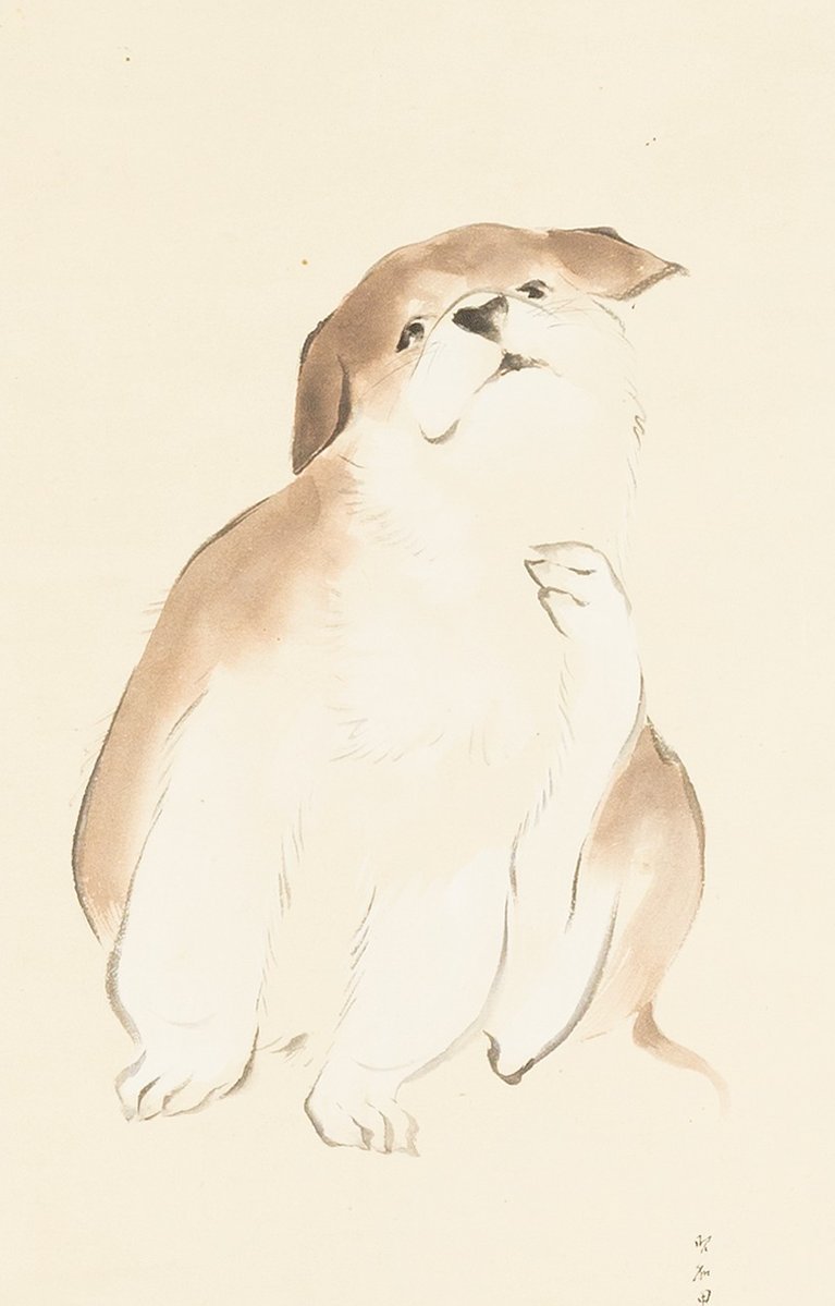鳥居言人「犬」。子犬でしょうか、ふわっとした柔らかそうな毛並みと