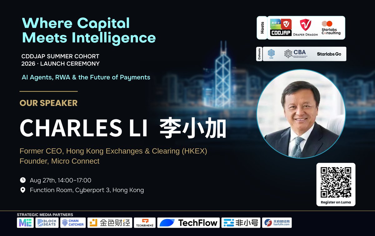 CDDJAP's tweet photo. #WhereCapitalMeetsIntelligence ✨
CDDJAP Summer Cohort 2026 · Launch Ceremony
📍 Cyberport Hong Kong

We’re pleased to welcome Mr. Charles Li (李小加), Former CEO of HKEX and Founder & Chairman of Micro Connect, to the CDDJAP Summer Cohort 2026 · Launch Ceremony in Hong Kong. 👏

During his more than 11 years at HKEX, Charles played a leading role in major developments including Shanghai–Hong Kong Stock Connect, Shenzhen–Hong Kong Stock Connect, Bond Connect, and the 2018 listing reforms that opened new pathways for innovative companies to list in Hong Kong.

Today, through Micro Connect, he is building new financial infrastructure connecting global capital with China’s micro and small businesses through Daily Revenue Obligations (DROs).👏

We look forward to hearing his perspective on RWA, capital markets & the future of financial infrastructure!

📍 Cyberport, Hong Kong
🗓 27 Aug 2026 | 14:00–17:00 HKT
Where Capital Meets Intelligence.🥳
🎟 Register: https://t.co/6dpAEogikJ
#CDDJAP #AIxWeb3 #AI #RWA #Payment #Infrastructure #HongKong #CapitalMarkets