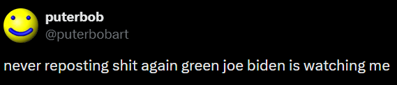 GreenJoeBiden's tweet photo. @puterbobart Come back https://t.co/HZ8a9zcyEq