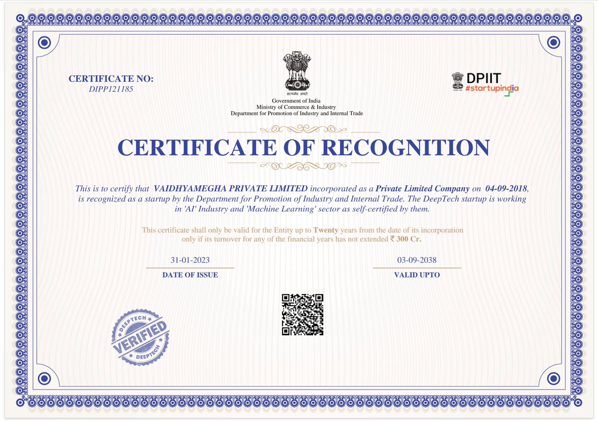 Samyama_AI's tweet photo. 🎉 Important update from VaidhyaMegha!

Our DPIIT DeepTech Startup recognition now reflects our work in AI and Machine Learning.

Grateful to our team, clients, collaborators, partners, and well-wishers for their continued trust and support. 🚀

#SamyamaAI #DPIIT #DeepTech #AI https://t.co/dojHq1oqX2