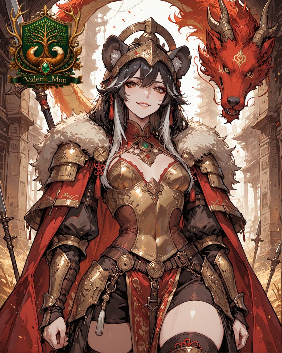 Valerit_Mon's tweet photo. QT Your Red and Gold Art  
#ValeritMultiverse
Hyssara arrives in full red & gold.

Dragon behind her.  
Armor glowing.  
Ready for war.
Would you follow her into battle… or run? 👀

Thanks for the invite @lavitx ❤️🪙
Special invitation for you:
@lugnut1975 @SabreAI @WFTverse @Shabriri_grapes @UndeadBlackaxe 
I always enjoy talking with you all 💬

Drop your Red & Gold version below 👇  
I want to see them all.
#Hyssara