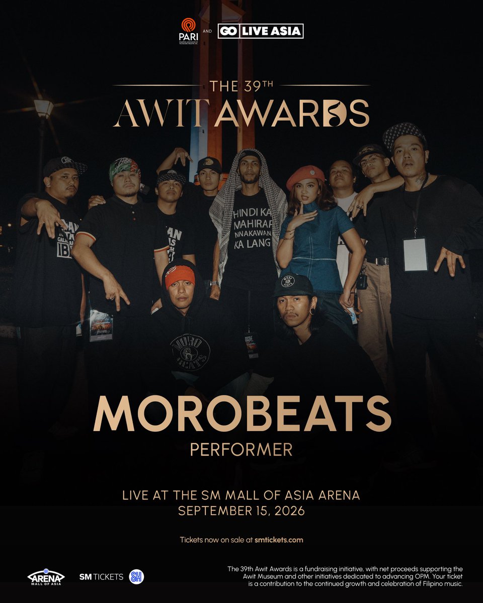AwitAwards's tweet photo. ‘YAMAN NG TAAS, GALING LAHAT SA IBABA!’? 🔥

Morobeats is bringing their rage and sound to the 39th Awit Awards. Get ready to hear “Anak ng Pu—” and more live on September 15, 2026, at the SM Mall of Asia Arena.

Get your tickets now via SM Tickets.

 #AwitAwards #Morobeats #OPM https://t.co/gEBk2iHID2