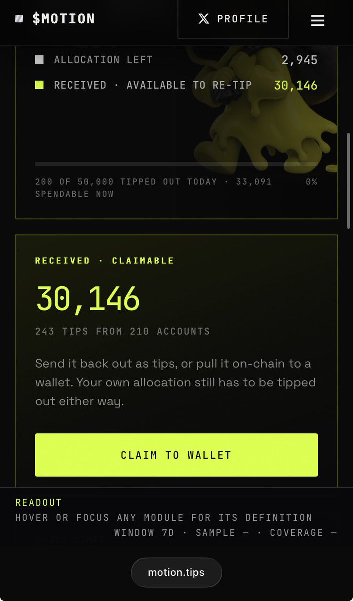 Candlequeen8875's tweet photo. 30,146 $MOTION received claimable 🪂😱

65 tips from 68 accounts  the tip economy is moving Claim it to the wallet or send it back out as tips. Either way, the allocation has to move.

Need some $MOTION?

Just reply with:

Send @tipmotion 100
Send @tipmotion 200
Send @tipmotion 500

Any of these, and I’ll send you as much as I can.

Let’s earn together

#MOTION #Web3 #CryptoTips