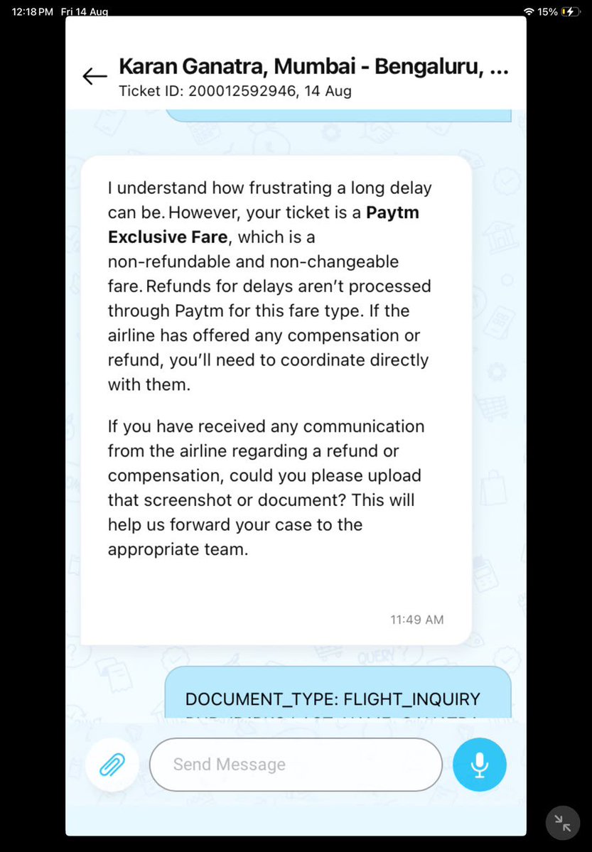 karanganatra29's tweet photo. @flyspicejet @Paytmcare my flight from bombay to bengaluru has been delayed/cancelled.
I tried to initiate refund from spice jet website but they stated to contact booking site. Tried contacting paytm they stated it can only be done by airline.
Playing ping pong???
@DGCAIndia https://t.co/rUsx80BiJ4