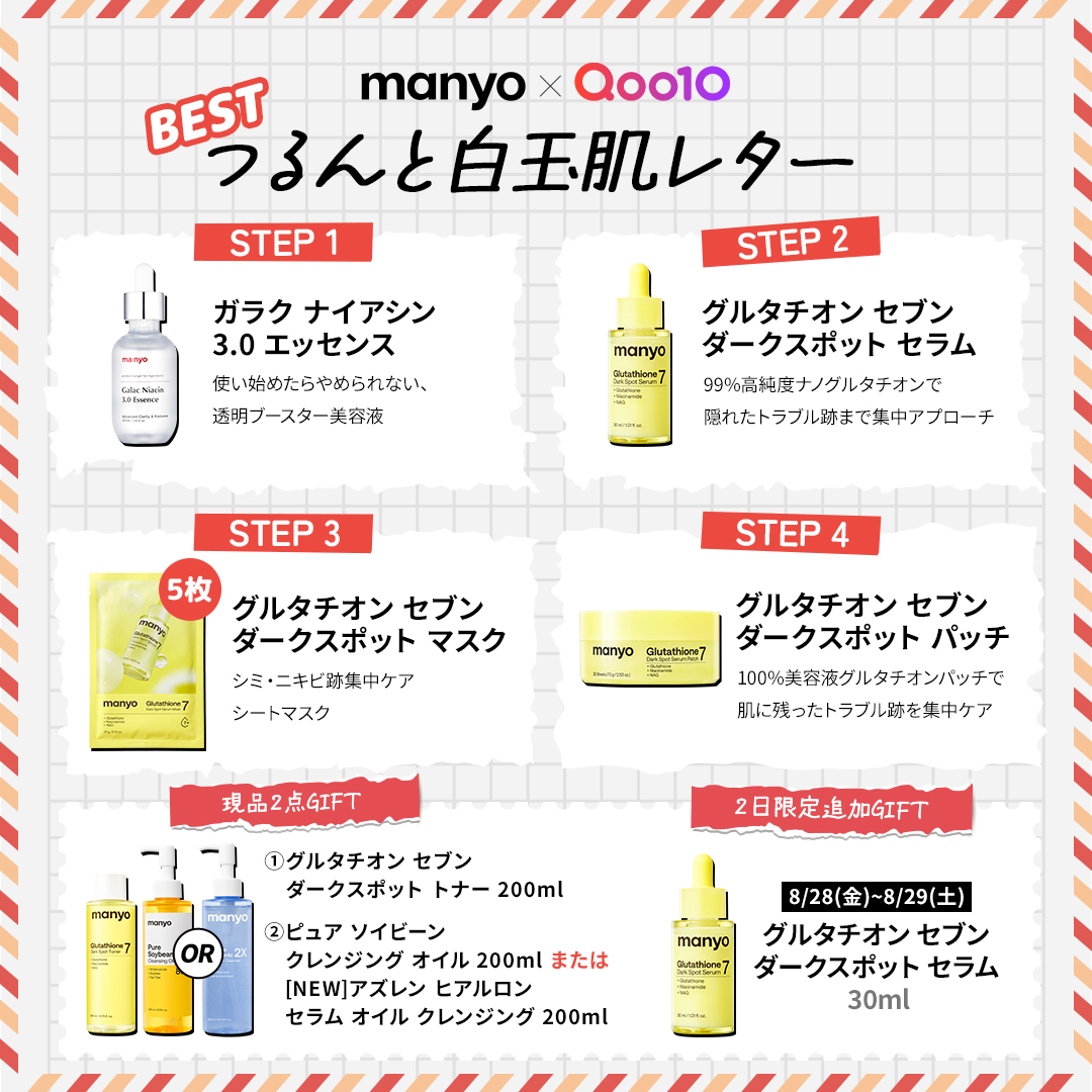 manyojapan's tweet photo. ＼8月28日(金) 販売開始💌／

ピンポーン！🔔

気になる肌悩みに届く、manyoのSpecial Box🧙🏻
「マニョからの美肌レター」が届きました✉️

📢4STEPでトラブル跡に集中アプローチ✨

【つるんと白玉肌レター】
⭐ガラク ナイアシン3.0 エッセンス
⭐グルタチオン セブン ダークスポット セラム
⭐グルタチオン セブン ダークスポット パッチ
⭐グルタチオン セブン ダークスポット マスク(5枚)

🎁[GIFT①] クレンジングオイル 現品（2種から1点）
🎁[GIFT②] グルタチオン トナー 現品
🎁[2日間限定追加GIFT] グルタチオン セラム 現品
※数量限定のため、なくなり次第終了となります。

なんと、販売開始から3日間は
企画セットが追加割引でさらにお得に！🔥

このスペシャルな機会をお見逃しなく👀📮

#manyo #マニョ #Qoo10 #企画セット