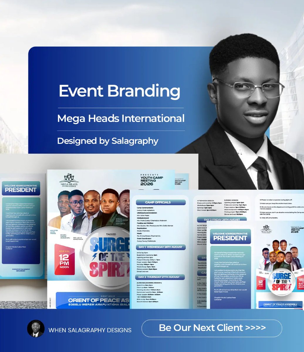 Salagraphy442's tweet photo. Good design doesn’t just announce an event  it gives it an identity.

A look at my latest church event project: promotional flyer + tri-fold programme, designed as one consistent visual experience.

Need standout designs for your next event or brand
#GraphicDesign #EventBranding https://t.co/pDAj5ucVWG