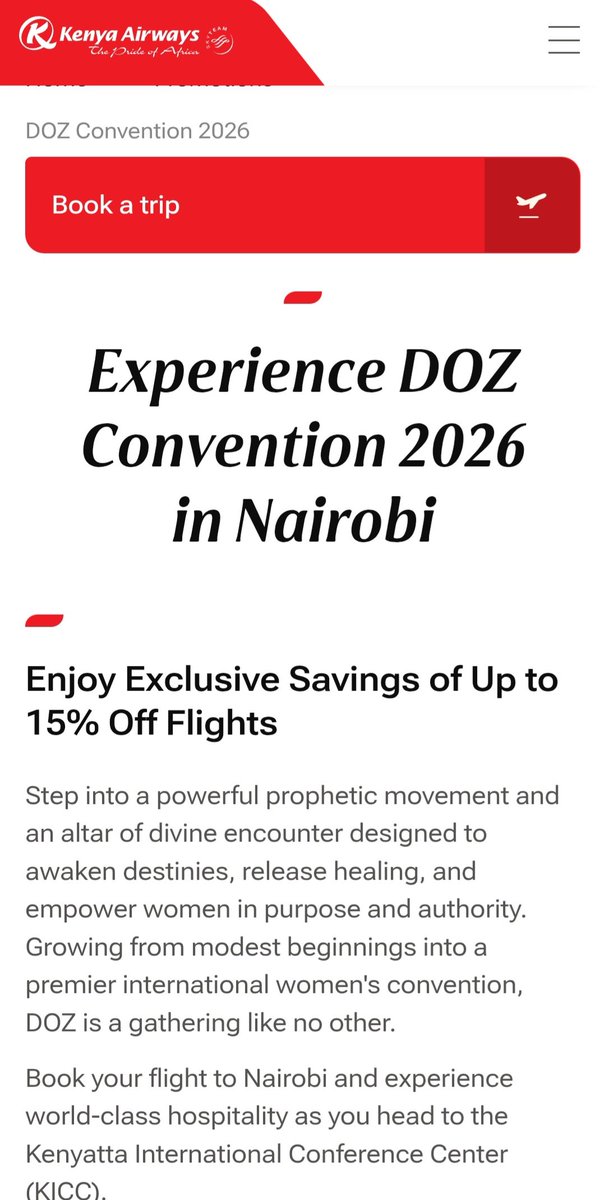 RevKathyKiuna's tweet photo. ✈️ FLY TO DOZ CONVENTION
We are delighted to partner with .@KenyaAirways
For this years #dozconvention2026. 
You can now enjoy up to 15% OFF your flights when travelling to the convention! 
Book your flight https://t.co/3WJoSQlPGT
We will see you at #dozconvention2026 https://t.co/saivLCkOzv