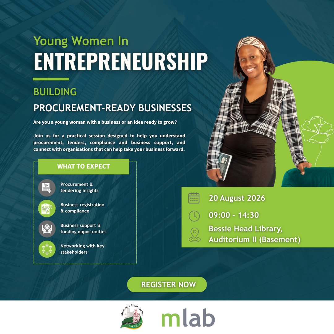 mlabsa's tweet photo. Calling young women entrepreneurs in Pietermaritzburg!

Join us for a day of practical insights, business support, procurement know-how and meaningful connections.

Register Now: https://t.co/mHUrY45c8f

#WomensMonth2026 https://t.co/DZwPnye5hy