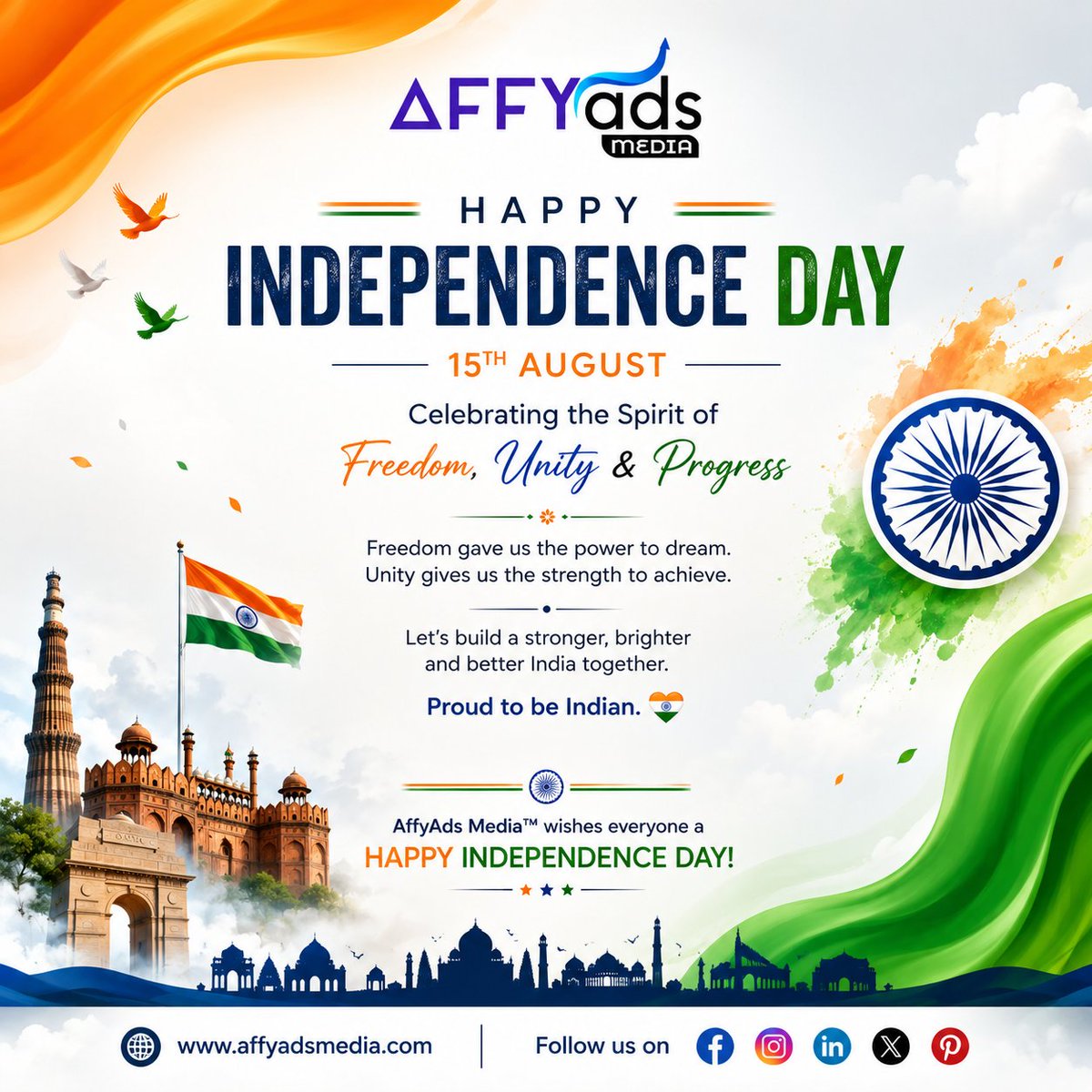 affyadsmedia's tweet photo. 🇮🇳 Happy Independence Day!

Celebrating the spirit of freedom, unity &amp; progress.

May we continue to dream bigger and build a brighter future together. 🇮🇳

AffyAds Media™

#IndependenceDay #15August #ProudIndian #AffyAdsMedia https://t.co/YHPL3SWPEv