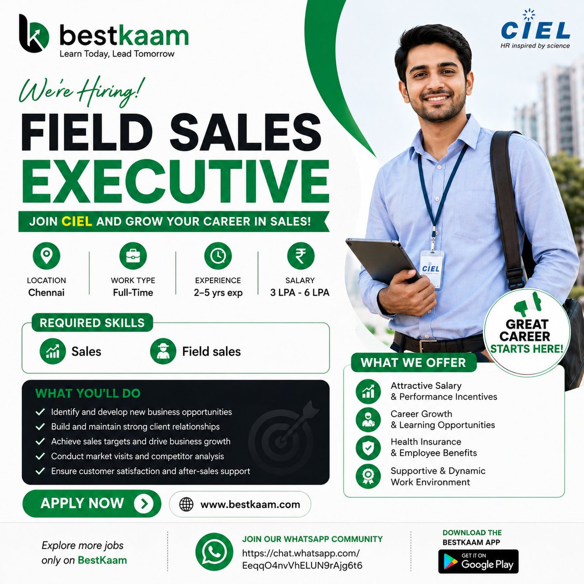 bestkaam's tweet photo. 🚀 We’re Hiring – Field Sales Executive!

Join CIEL and take your sales career to the next level! 💼

👉 Apply Now: https://t.co/FVdtb319pp

#BestKaam #FieldSalesExecutive #SalesJobs #ChennaiJobs #Hiring https://t.co/4XwYaWQ8Kb