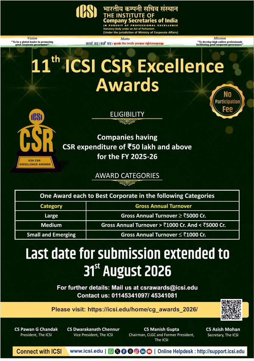 icsi_cs's tweet photo. Applications for the 11th #ICSI #CSR Excellence Awards are now open till 31 August 2026. Apply @ https://t.co/2DcK3TppBY #ICSICGAwards #CSRAwards https://t.co/iEMN610XQt