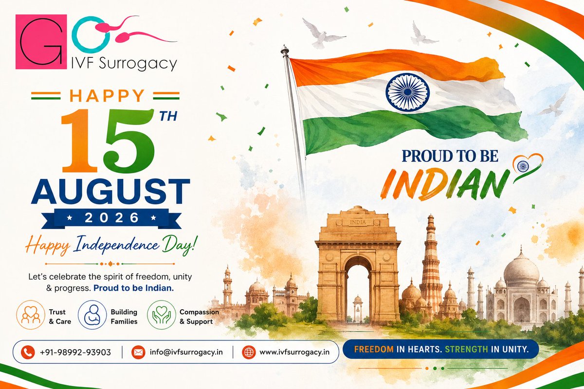 IvfGo's tweet photo. GO IVF SURROGACY Wishes a Happy Happy Independence Day  to All
May our nation continue to grow with peace, unity, prosperity, and progress. Let’s celebrate the spirit of freedom and honour the sacrifices of our brave heroes.
Jai Hind! #IndependenceDay2026 #15August2026 #JaiHind https://t.co/5SXuvheo1e