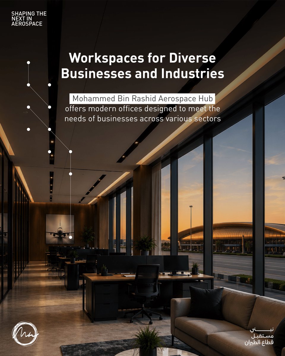 MBRAerospaceHub's tweet photo. At Mohammed Bin Rashid Aerospace Hub, modern office spaces provide an integrated environment that supports businesses across various sectors, from aviation and related services to financial, legal and insurance companies. https://t.co/Y81XwmJaCo