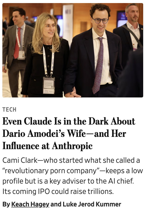 trajektoriePL's tweet photo. So Anthropic scraped the entire internet to train Claude, yet somehow completely omitted the parts where the CEO's wife ran a porn startup, married a man over 40 years older and pitched her app to Jeffrey Epstein. Peak AI alignment right there.
https://t.co/WoOQ5H3mbN https://t.co/qMcbNgEz6n