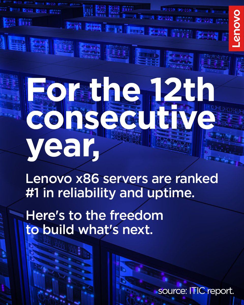 Lenovo_in's tweet photo. For the 12th consecutive year, Lenovo x86 servers have been ranked #1 in reliability and uptime, giving businesses the confidence to spend less time maintaining infrastructure and more time driving transformation. 

#Lenovo #SmarterTechnology #Servers #Awards https://t.co/NWaua4KYTk