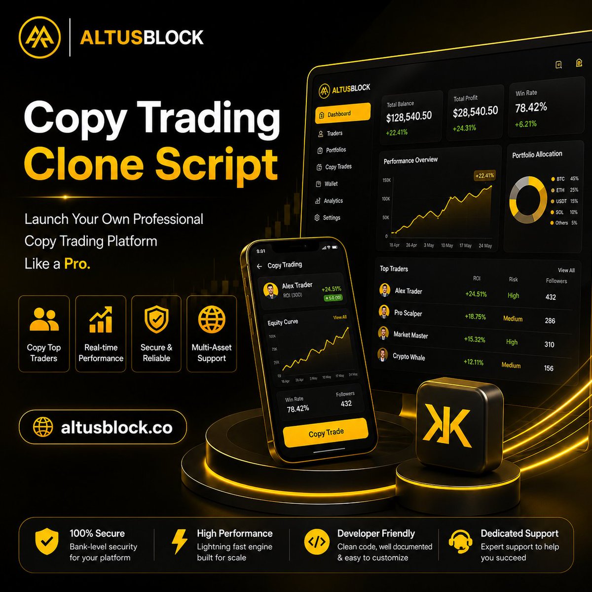 altusblock's tweet photo. 📈 Copy Trading Clone Script

💡 Build your own professional copy trading platform!

Create a powerful trading ecosystem where users can discover experienced traders, follow strategies, and copy selected trades through a customizable platform. 📊⚡

👥 Trader Discovery
Allow users to explore trader profiles, performance metrics, strategies, and trading history.

📊 Real-Time Performance
Provide dashboards and analytics to help users monitor portfolio activity and performance.

🔄 Automated Copy Trading
Build functionality that can replicate selected trading strategies according to your platform's rules and risk controls.

🛡️ Security-Focused Architecture
Develop secure account, wallet, API, and transaction-management functionality.

🌐 Multi-Asset Support
Design your platform to support multiple digital assets and markets based on your business requirements.

📱 Web + Mobile Experience
Give users convenient access to their portfolios, traders, analytics, and copy-trading controls.

⚙️ Fully Customizable
Customize branding, user roles, fees, trader rankings, risk settings, dashboards, and platform features.

🚀 Build a professional copy trading ecosystem with technology designed around your business model.

📩 Ready to launch your own platform? Let's build it with AltusBlock.

🌐 Visit: https://t.co/CXydojTiSo

#AltusBlock #CopyTrading #TradingPlatform #Crypto #Web3