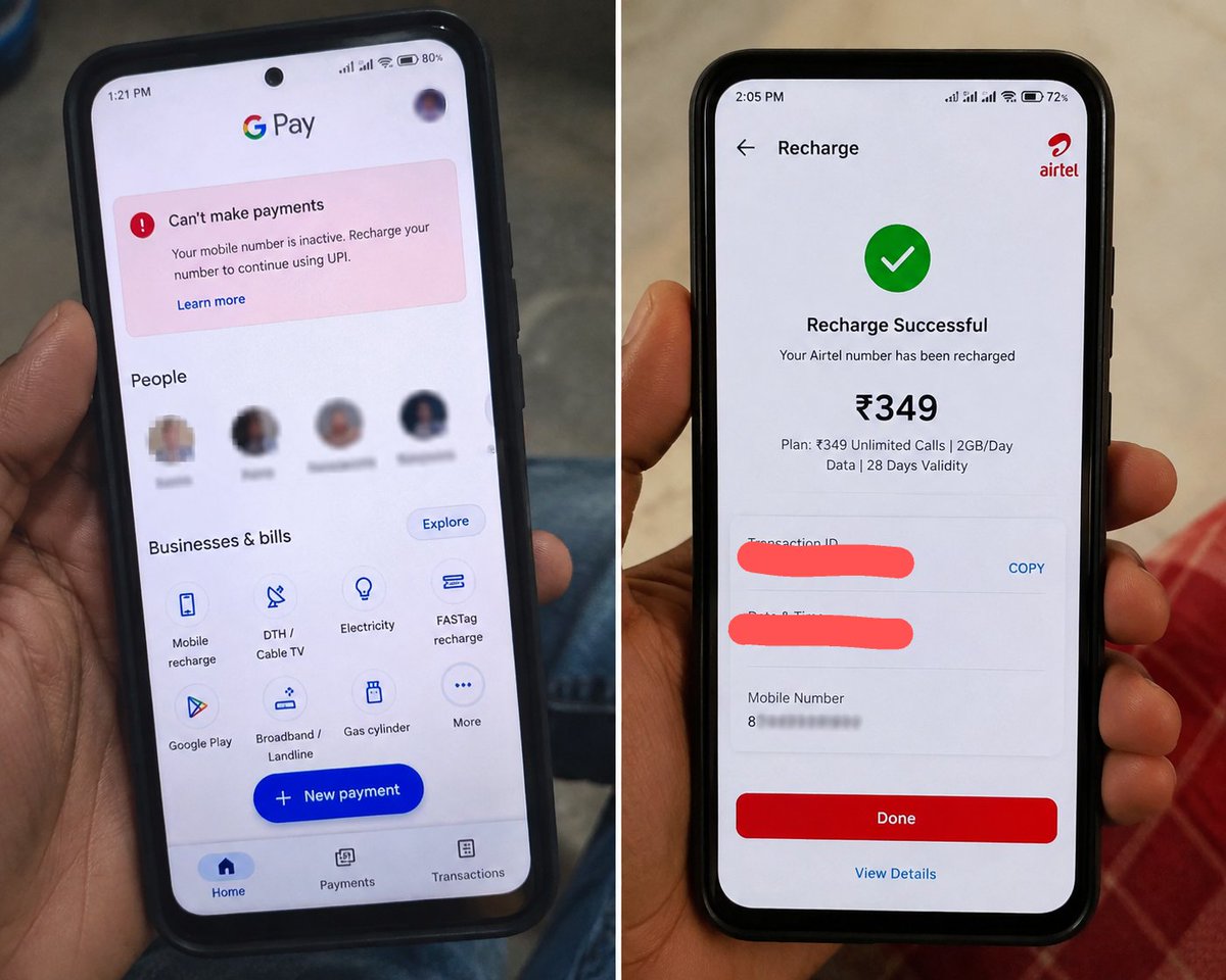 Itsbebo__'s tweet photo. "Didn’t recharge for ₹349 so UPI stopped working too*

As soon as I recharged for ₹349 today, Google Pay/UPI payments started working again.

Now the question is — is a ₹349 mobile recharge every month mandatory to make online payments? 

I’m a student, it’s not easy to spend this much every month.

If UPI and other essential services get affected when SIM validity expires, why aren’t customers informed about this clearly in advance?

@airtelindia please reply — can UPI not be used without an active recharge? "