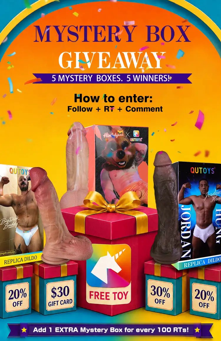 QUTOYS_RealPlay's tweet photo. ！QUTOYS Mystery Box GIVEAWAY ！
🎁 5 MYSTERY BOXES.  5 WINNERS.

🍆One box has a FREE QUTOYS Toy.
💳One has a $30 Amazon Gift Card.
🧧The others?  Secret discounts.

Want one?
→1. Follow @QUTOYS_RealPlay
→2. RT this post
→ 3.Comment “Open it”

🔥Every 100 RTs = +1 Mystery Box

So… how lucky are you feeling? 😏

🛒https://t.co/gUUDR4yyxR

#QUTOYS #mysterybox #RealisticDildo