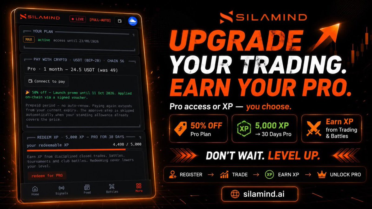 SelsilaWorld's tweet photo. 🚀 UPGRADE TO PRO. TRADE. EARN XP. LEVEL UP.

Choose your path: upgrade to Pro or earn XP through your activity.

🟠 POH MEMBERS YOUR FREE MONTH IS ON!
Register with the same email used for POH → connect Binance → explore AI Analysis → activate Scalping Mode → start trading. ⚡

🌎 GLOBAL MEMBERS — 50% OFF
Not a POH member? No problem.
🔥 Get 50% OFF while the offer lasts.

Register now and start exploring how SILAMIND AI can support your trading decisions.

🏆 EARN XP & UNLOCK PRO
Want to unlock Pro without paying?
📄 Paper Trading — close positions
🧠 Stay Disciplined — maintain your score
⚔️ Join Battles — earn XP
📈 Trade & Learn — keep progressing

Earn XP → Reach 5,000 XP → Unlock Pro for 30 Days.

⚡ DON'T WAIT. LEVEL UP.
Register → Connect → Explore → Trade → Earn XP → Unlock Pro

❓ Need help? Ask the admin.

👉 Register now: https://t.co/sRDskKqNmo

#SILAMINDAI #AITrading #CryptoTrading #TradingXP #ScalpingMode #TradeSmarter #CryptoAI #Web3