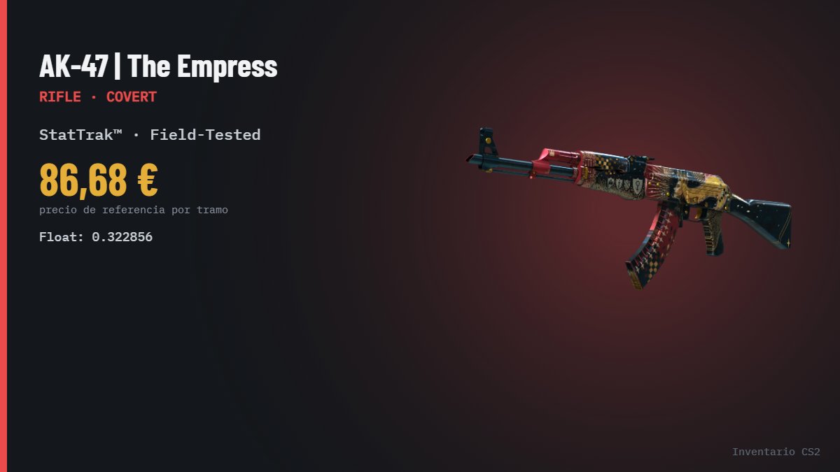 inventarioCS2's tweet photo. Larga vida a la Emperatriz 👑.
La AK-47 | The Empress StatTrak™ en Field-Tested se mueve ahora mismo sobre los 86,68 € según datos de CSFloat.
¿Sigue siendo la reina indiscutible de las AKs por debajo de 100 €? 👇

🔗 https://t.co/XLhKrowid1 https://t.co/fSwJxY1OiQ